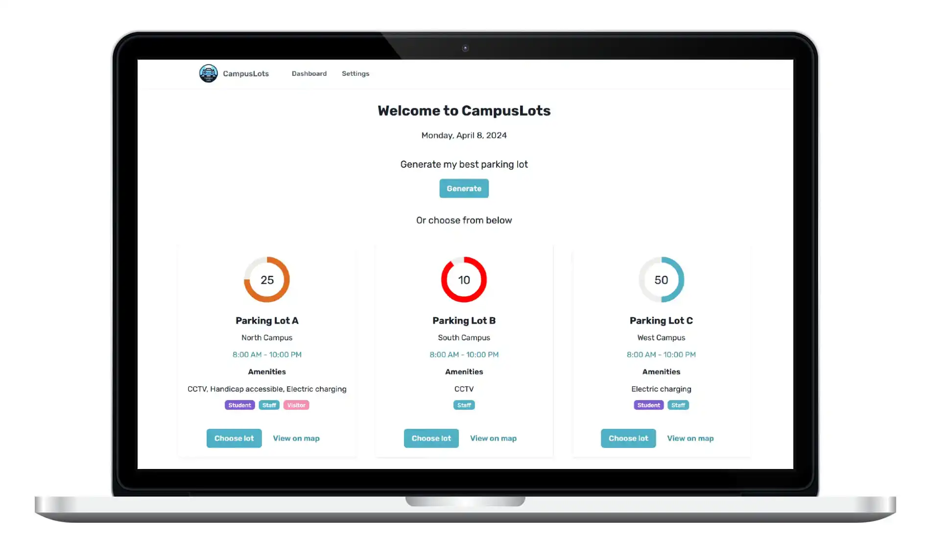 CampusLots Dashboard page